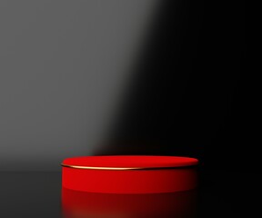 Realistic 3D geometric pedestal podium with red and gold accents in a dark room