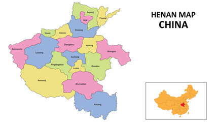 Henan Map of China. State and district map of Henan. Detailed colorful map of Henan.