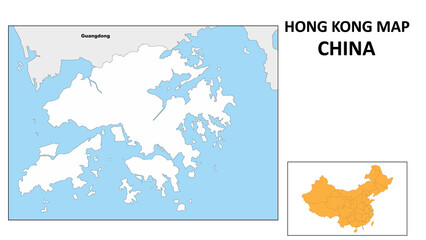 Hong Kong Map of China. State and district map of Hong Kong. Political map of Hong Kong with outline and black and white design.