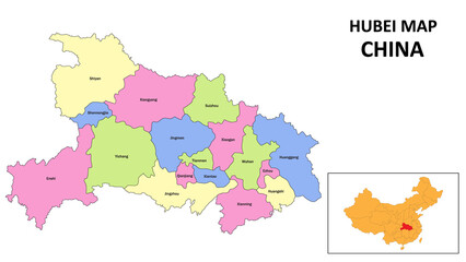 Hubei Map of China. State and district map of Hubei. Detailed colorful map of Hubei.