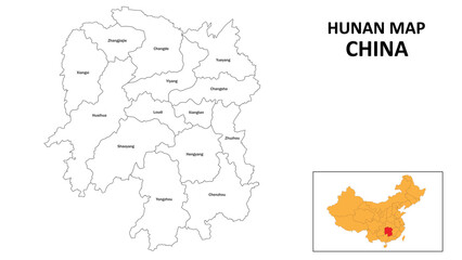 Hunan Map of China. State and district map of Hunan. Administrative map of Hunan with the district in white color.