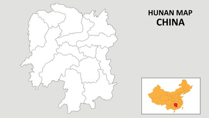 Hunan Map of China. Outline the state map of Hunan. Political map of Hunan with a black and white design.