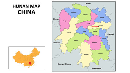 Hunan Map of China. State and district map of Hunan. Political map of Hunan with country capital.