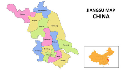 Jiangsu Map of China. State and district map of Jiangsu. Detailed colorful map of Jiangsu.