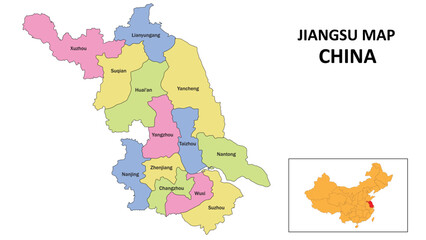 Jiangsu Map of China. State and district map of Jiangsu. Detailed colorful map of Jiangsu.