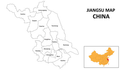 Jiangsu Map of China. State and district map of Jiangsu. Administrative map of Jiangsu with the district in white color.