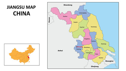 Fototapeta premium Jiangsu Map of China. State and district map of Jiangsu. Political map of Jiangsu with country capital.