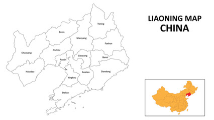 Liaoning Map of China. State and district map of Liaoning. Administrative map of Liaoning with the district in white color. - obrazy, fototapety, plakaty