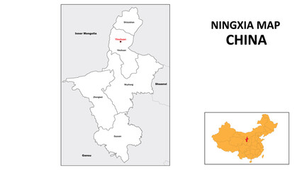 Ningxia Map of China. State and district map of Ningxia. Administrative map of Ningxia with district and capital in white color.