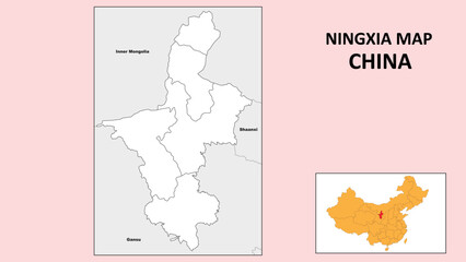 Ningxia Map of China. State and district map of Ningxia. Political map of Ningxia with outline and black and white design.