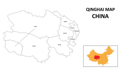 Qinghai Map of China. State and district map of Qinghai. Administrative map of Qinghai with the district in white color.
