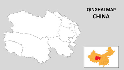Qinghai Map of China. Outline the state map of Qinghai. Political map of Qinghai with a black and white design.
