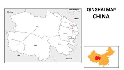 Qinghai Map of China. State and district map of Qinghai. Administrative map of Qinghai with district and capital in white color.