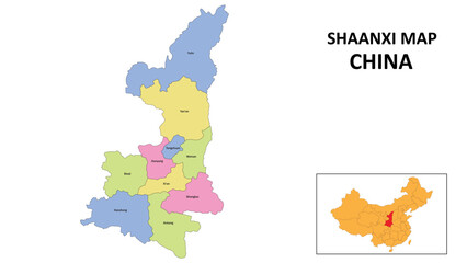 Shaanxi Map of China. State and district map of Shaanxi. Detailed colorful map of Shaanxi.