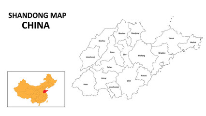 Shandong Map of China. State and district map of Shandong. Administrative map of Shandong with the district in white colour.