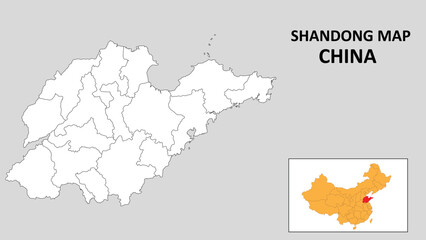 Shandong Map of China. Outline the state map of Shandong. Political map of Shandong with a black and white design.