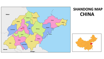 Shandong Map of China. State and district map of Shandong. Political map of Shandong with country capital.