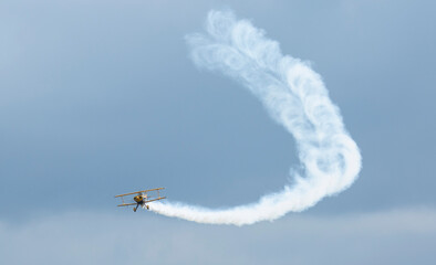 Leicester, united kingdom, 05, September 2015 aircraft display flights against a blue sky, 1942 Boeing Stearman Biplane G-THEA