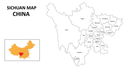 Sichuan Map of China. State and district map of Sichuan. Administrative map of Sichuan with the district in white colour.