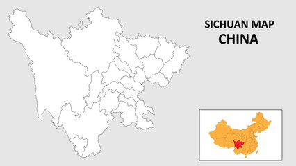 Sichuan Map of China. Outline the state map of Sichuan. Political map of Sichuan with a black and white design.