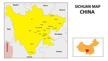 Sichuan Map of China. Major city map of Sichuan. Political map of Sichuan with country capital.