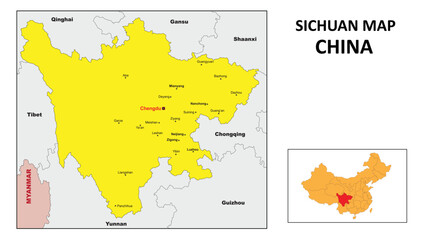 Sichuan Map of China. Major city map of Sichuan. Political map of Sichuan with country capital.