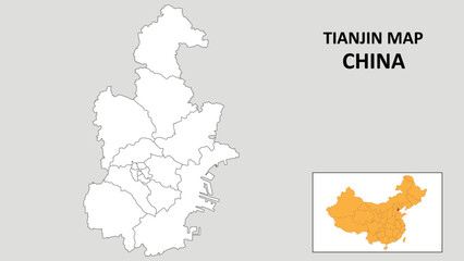 Tianjin Map of China. Outline the state map of Tianjin. Political map of Tianjin with a black and white design.