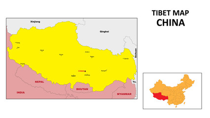 Tibet Map of China. Major city map of Tibet. Political map of Tibet with country capital.