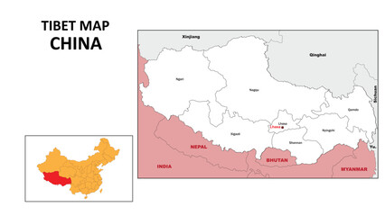 Tibet Map of China. State and district map of Tibet. Administrative map of Tibet with district and capital in white color.