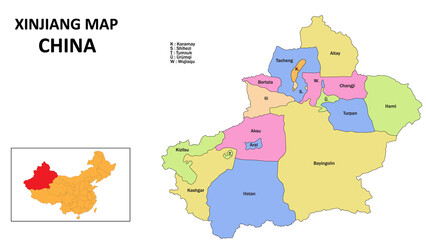 Fototapeta premium Xinjiang Map of China. State and district map of Xinjiang. Detailed Xinjiang map of Liaoning.