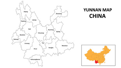 Yunnan Map of China. State and district map of Yunnan. Administrative map of Yunnan with the district in white color.