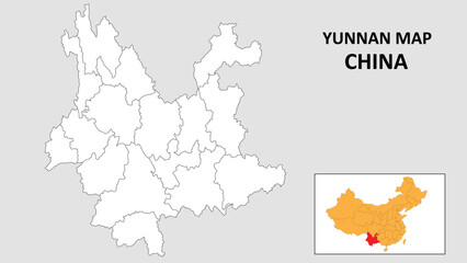 Yunnan Map of China. Outline the state map of Yunnan. Political map of Yunnan with a black and white design.