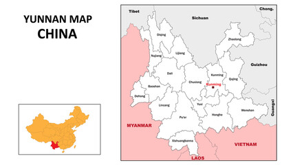 Fototapeta premium Yunnan Map of China. State and district map of Yunnan. Administrative map of Yunnan with district and capital in white color.