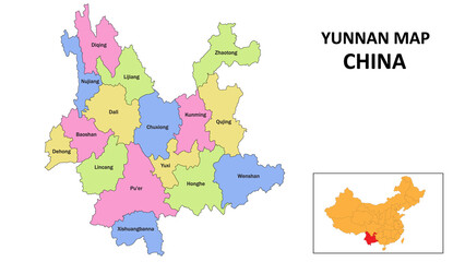 Yunnan Map of China. State and district map of Yunnan. Detailed colorful map of Yunnan.