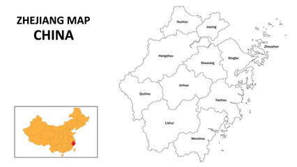 Zhejiang Map of China. State and district map of Zhejiang. Administrative map of Zhejiang with the district in white colour.