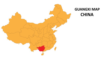 Guangxi province map highlighted on China map with detailed state and region outline.