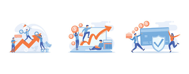 Startup work, success, Stock trading, income growth, Credit card security, protecting financial savings, set flat vector modern illustration