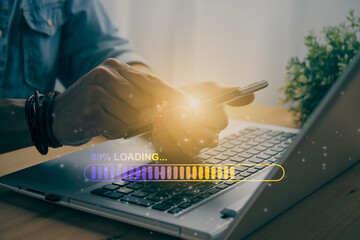 Casual Businessman Touching Mobile Phone and Blue Yellow Stick Loading Bar in Vintage Tone