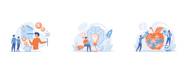 Married couple searching home, A man in workplace with laptop, big light bulb, rocket and human brain, Scientists doing apple jigsaw puzzle, set flat vector modern illustration