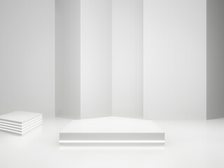 White Sci-Fi product display background. Scientific podium with white neon lights.