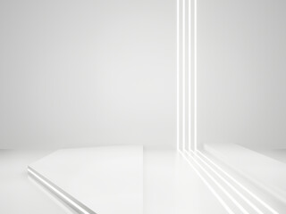 White Sci-Fi product display background. Scientific podium with white neon lights.