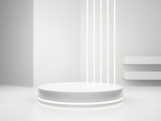 White Sci-Fi product display background. Scientific podium with white neon lights.