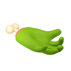 3d zombie hand in plastic cartoon style. Holding palm gesture. Green monster Halloween character palm with bone. High quality isolated render