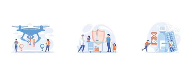 Fototapeta premium Drone transporting package to location pins with business people waiting for it, Pediatrician giving girl injection, Pharmaceutical drug products manufactured from biological sources, set flat vector 