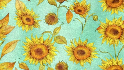 Watercolor seamless looping animation with sunflowers heads, pumpkins and autumn leaves. Fall animation. Retro autumn print for textile and fabric. Pumpkins animation for home and kitchen - Powered by Adobe