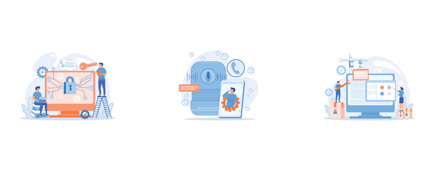 Personal digital security, User making hands-free phone calls with smart speaker, It professionals are creating web site on the laptop screen, set flat vector modern illustration