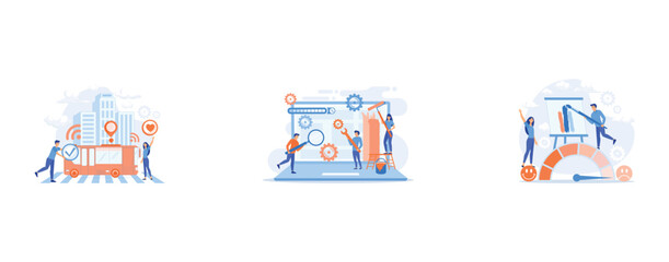 Passengers like and approve autonomos robotic driverless bus, Technical support, programming and coding, Expressing thoughts and feelings , satisfaction through art, set flat vector modern illustratio