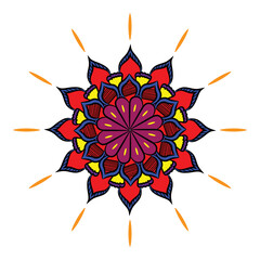 Vector hand-drawn doodle mandala with hearts. Ethnic mandala with colorful ornament. Bright colors. Isolated. Illustration on doodle style.