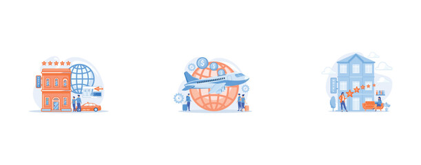 Obraz premium Searching hostel, accommodation, Cheap tickets for air transportation, Business people with rating stars for design hotel architecture and interior, set flat vector modern illustration