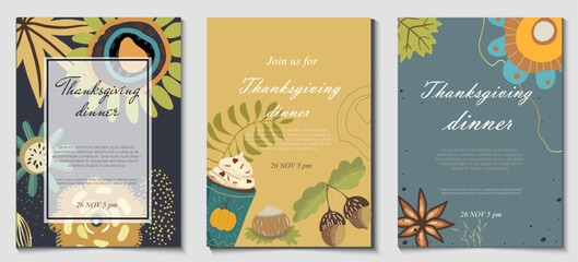 Abstract universal templates set in autumn palette with leaves, flowers, acorn, walnut, maple leaf, cinnamon and golden line for brochure, web publishing, advertising, thanksgiving invitation.